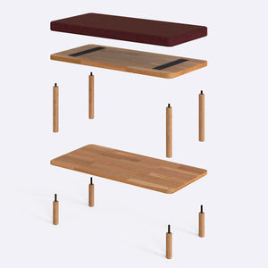 Waljan Bench 80 x 38 cm parçalarına ayrılmış montaj görünümü, bordo keten oturum ve masif kayın ayaklar ile bağlantı vidaları