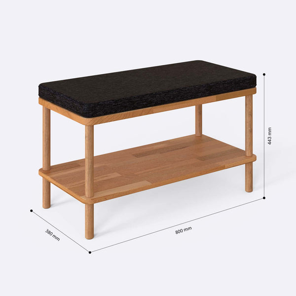 Waljan Bench 80 x 38 cm ölçülendirilmiş teknik görünümü, siyah keten döşeme, milimetre cinsinden ölçüler