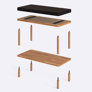 Waljan Bench 80 x 38 cm parçalarına ayrılmış montaj görünümü, siyah keten oturum ve masif kayın ayaklar ile bağlantı vidaları