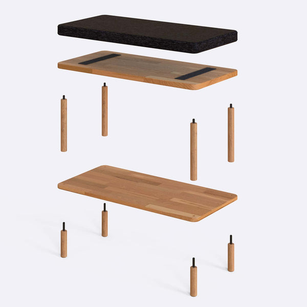 Waljan Bench 80 x 38 cm parçalarına ayrılmış montaj görünümü, siyah keten oturum ve masif kayın ayaklar ile bağlantı vidaları