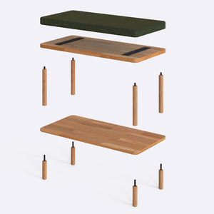Waljan Bench 80 x 38 cm parçalarına ayrılmış montaj görünümü, yeşil keten oturum ve masif kayın ayaklar ile bağlantı vidaları