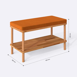 Waljan Bench 80 x 38 cm ölçülendirilmiş teknik görünümü, badem kadife döşeme, milimetre cinsinden ölçüler