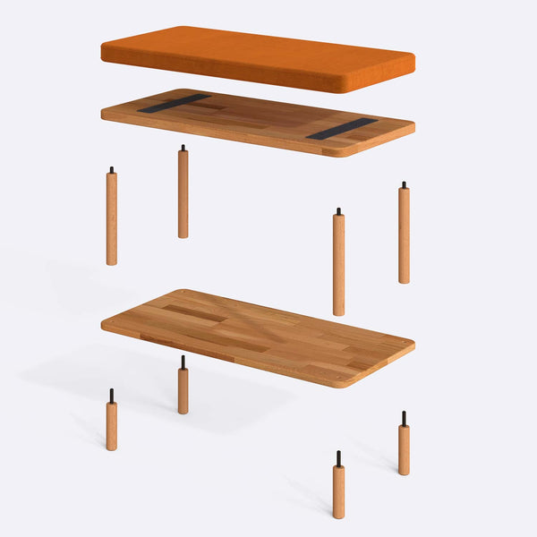 Waljan Bench 80 x 38 cm parçalarına ayrılmış montaj görünümü, badem kadife oturum ve masif kayın ayaklar
