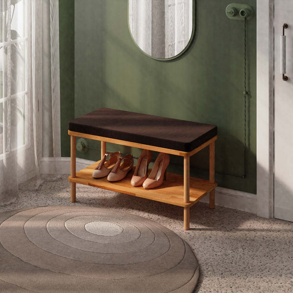 Waljan Bench 80 x 38 cm, kahve kadife döşeme, masif kayın gövde, döşenmiş oda ortamında kullanım görünümü
