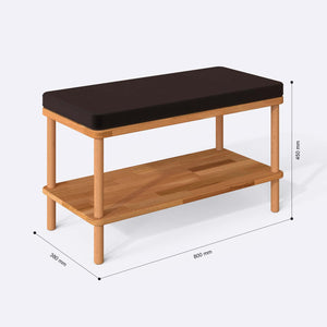 Waljan Bench 80 x 38 cm ölçülendirilmiş teknik görünümü, kahve kadife döşeme, milimetre cinsinden ölçüler
