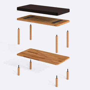 Waljan Bench 80 x 38 cm parçalarına ayrılmış montaj görünümü, kahve kadife oturum ve masif kayın ayaklar