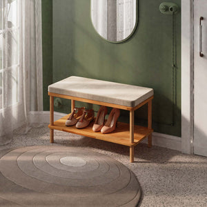 Waljan Bench 80 x 38 cm, kum kadife döşeme, masif kayın gövde, döşenmiş oda ortamında kullanım görünümü