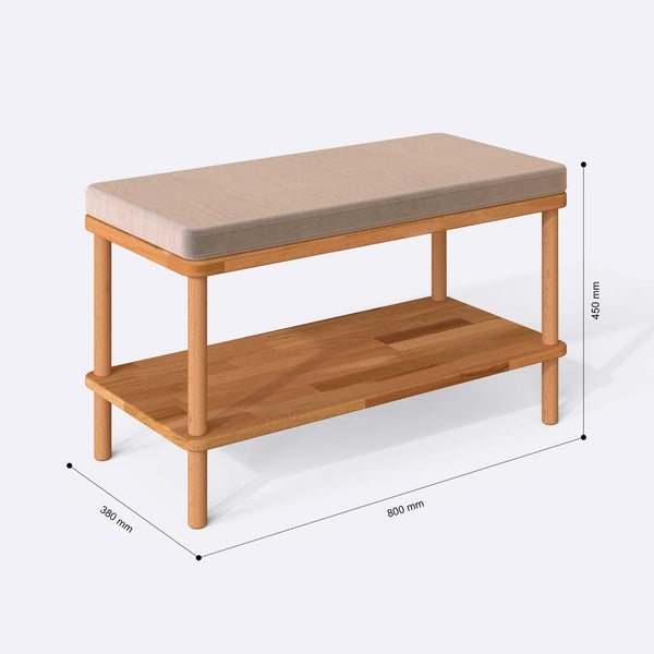 Waljan Bench 80 x 38 cm ölçülendirilmiş teknik görünümü, kum kadife döşeme, milimetre cinsinden ölçüler