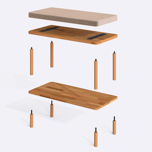 Waljan Bench 80 x 38 cm parçalarına ayrılmış montaj görünümü, kum kadife oturum ve masif kayın ayaklar ile bağlantı vidaları