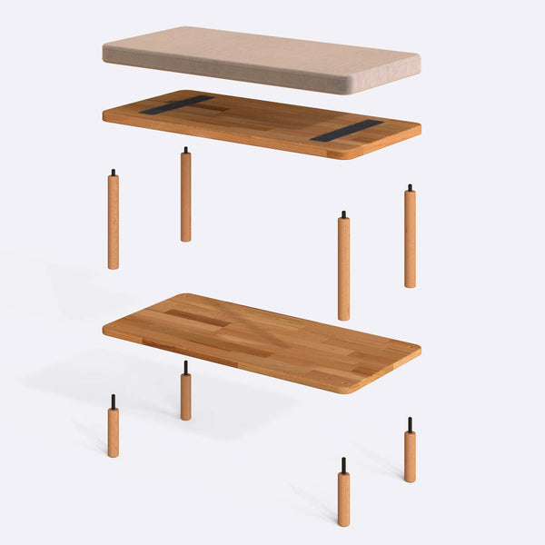 Waljan Bench 80 x 38 cm parçalarına ayrılmış montaj görünümü, kum kadife oturum ve masif kayın ayaklar ile bağlantı vidaları