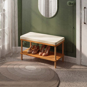 Waljan Bench 80 x 38 cm, ekru kadife döşeme, masif kayın gövde, döşenmiş oda ortamında kullanım görünümü