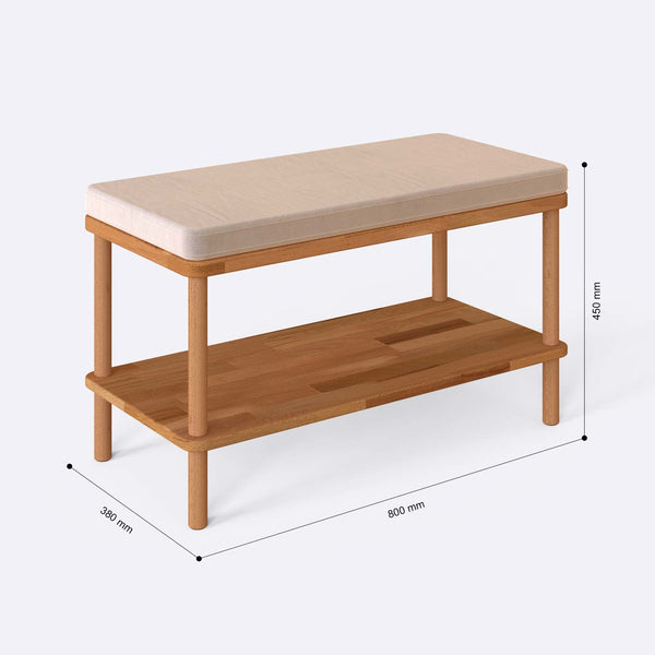 Waljan Bench 80 x 38 cm ölçülendirilmiş teknik görünümü, ekru kadife döşeme, milimetre cinsinden ölçüler
