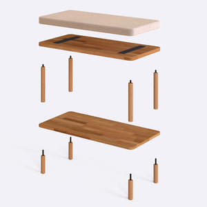 Waljan Bench 80 x 38 cm parçalarına ayrılmış montaj görünümü, ekru kadife oturum ve masif kayın ayaklar ile bağlantı vidaları