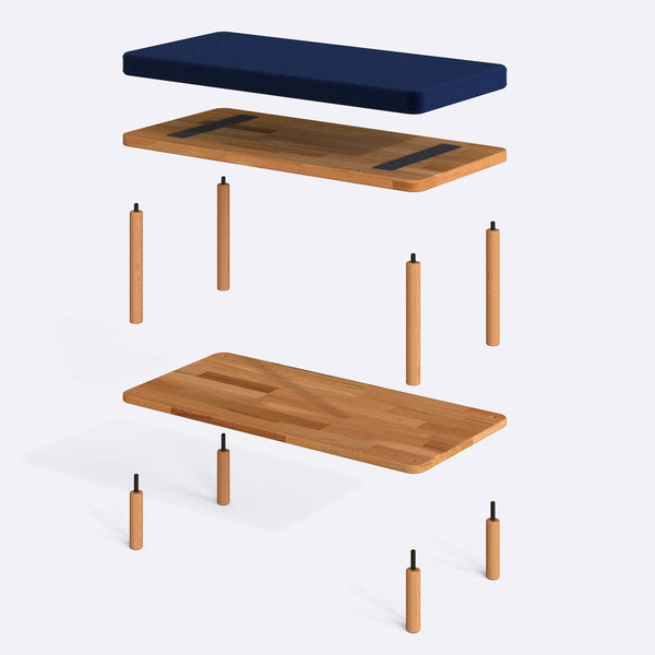 Waljan Bench 80 x 38 cm parçalarına ayrılmış montaj görünümü, lacivert kadife oturum ve masif kayın ayaklar