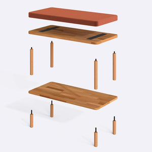 Waljan Bench 80 x 38 cm parçalarına ayrılmış montaj görünümü, somon kadife oturum ve masif kayın ayaklar