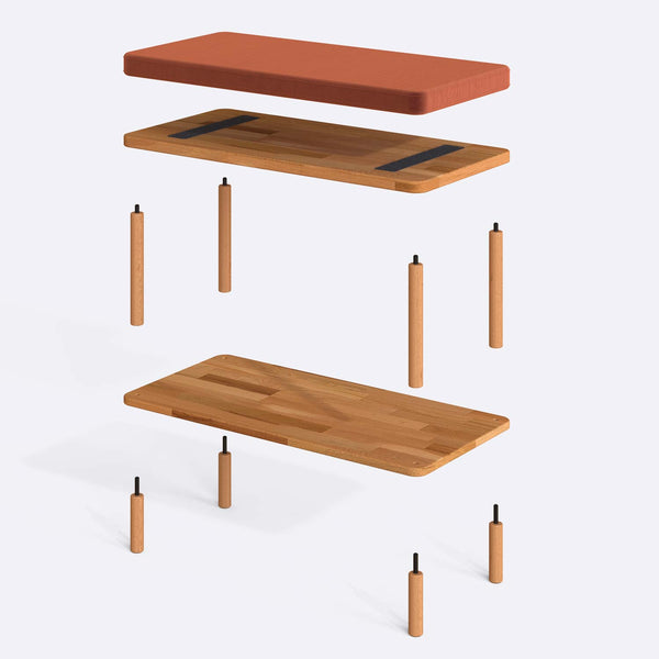 Waljan Bench 80 x 38 cm parçalarına ayrılmış montaj görünümü, somon kadife oturum ve masif kayın ayaklar
