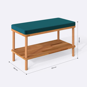 Waljan Bench 80 x 38 cm ölçülendirilmiş teknik görünümü, petrol kadife döşeme, milimetre cinsinden ölçüler