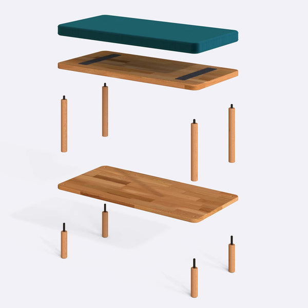 Waljan Bench 80 x 38 cm parçalarına ayrılmış montaj görünümü, petrol kadife oturum ve masif kayın ayaklar