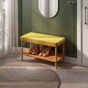 Waljan Bench 80 x 38 cm, sarı kadife döşeme, masif kayın gövde, döşenmiş oda ortamında kullanım görünümü