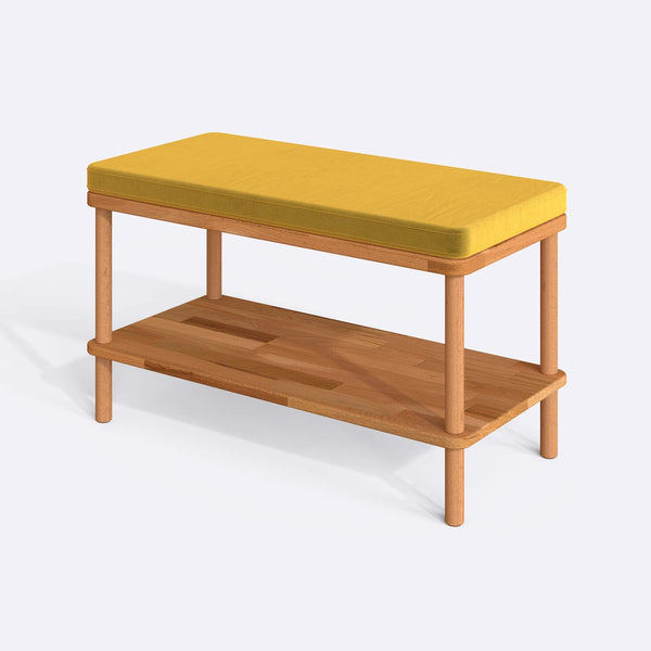 Waljan Bench 80 x 38 cm, sarı kadife döşeme, masif kayın gövde, beyaz zeminde üç çeyrek açıdan stüdyo çekimi