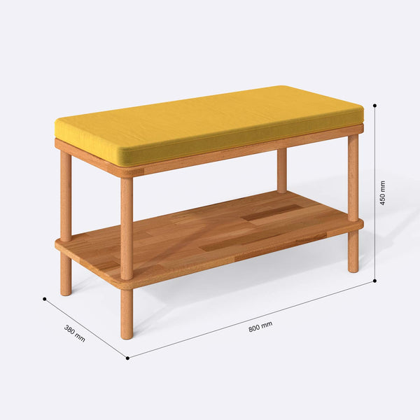 Waljan Bench 80 x 38 cm ölçülendirilmiş teknik görünümü, sarı kadife döşeme, milimetre cinsinden ölçüler