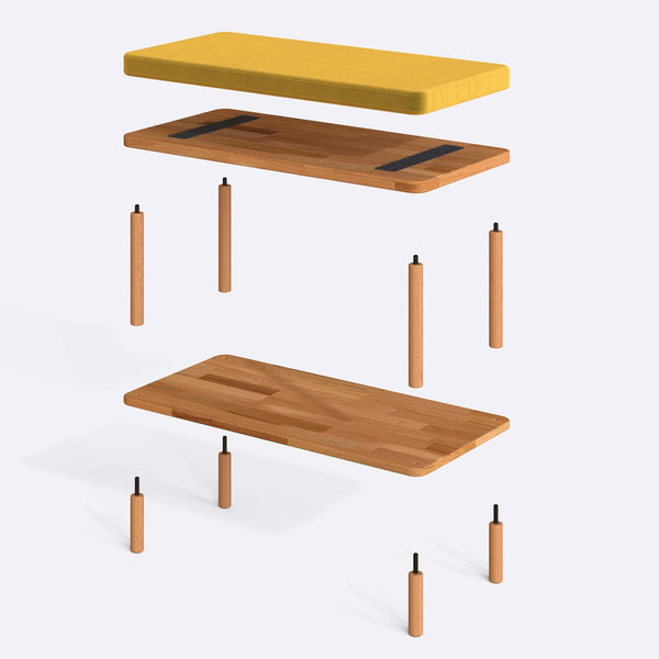 Waljan Bench 80 x 38 cm parçalarına ayrılmış montaj görünümü, sarı kadife oturum ve masif kayın ayaklar ile bağlantı vidaları