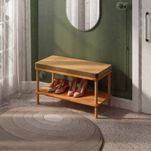Waljan Bench 80 x 38 cm, vizon kadife döşeme, masif kayın gövde, döşenmiş oda ortamında kullanım görünümü