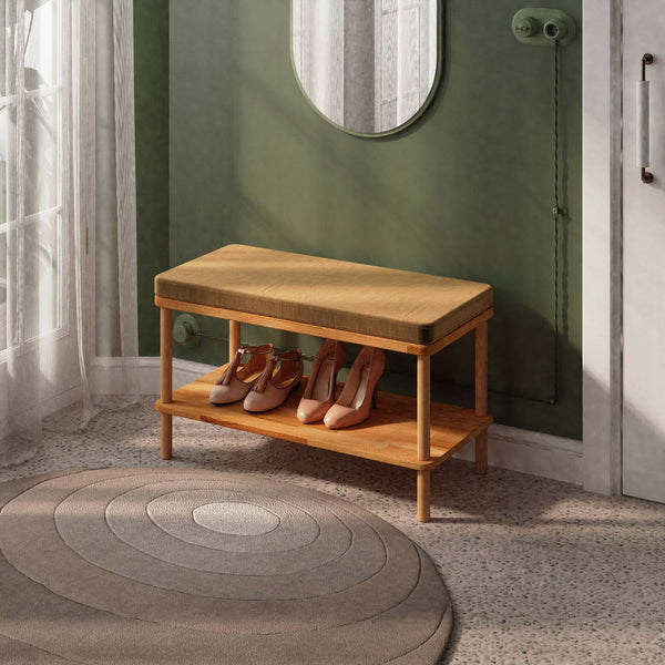 Waljan Bench 80 x 38 cm, vizon kadife döşeme, masif kayın gövde, döşenmiş oda ortamında kullanım görünümü