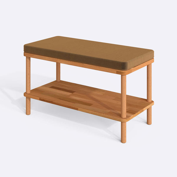 Waljan Bench 80 x 38 cm, vizon kadife döşeme, masif kayın gövde, beyaz zeminde üç çeyrek açıdan stüdyo çekimi