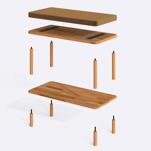 Waljan Bench 80 x 38 cm parçalarına ayrılmış montaj görünümü, vizon kadife oturum ve masif kayın ayaklar