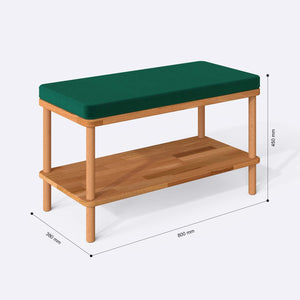 Waljan Bench 80 x 38 cm ölçülendirilmiş teknik görünümü, zümrüt kadife döşeme, milimetre cinsinden ölçüler