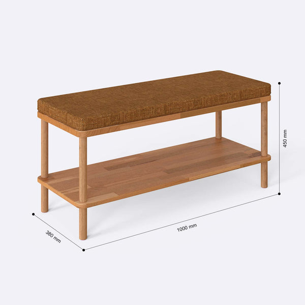 Waljan Bench 100 x 38 ölçülendirilmiş teknik görünümü, badem keten döşeme, milimetre cinsinden ölçüler