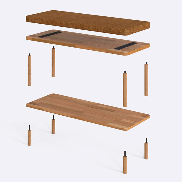 Waljan Bench 100 x 38 parçalarına ayrılmış montaj görünümü, badem keten oturum ve masif kayın ayaklar ile bağlantı vidaları