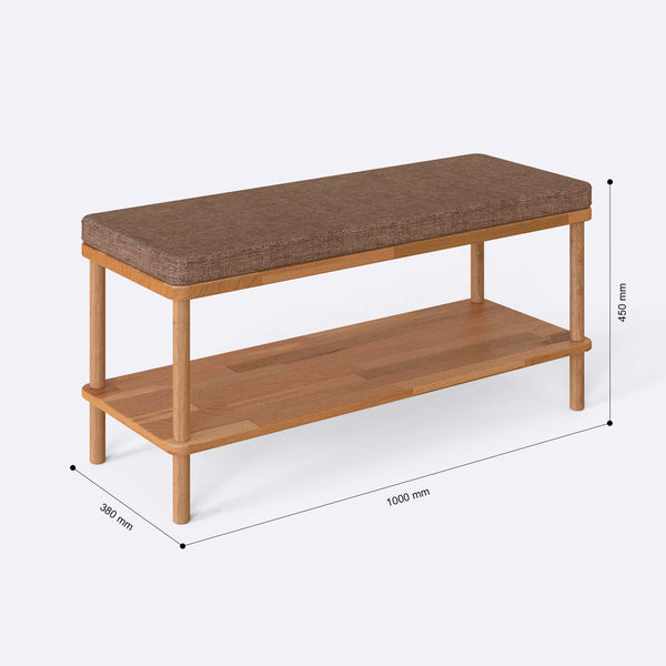 Waljan Bench 100 x 38 ölçülendirilmiş teknik görünümü, kahve keten döşeme, milimetre cinsinden ölçüler
