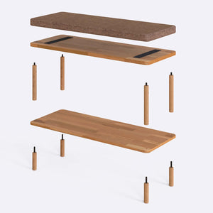 Waljan Bench 100 x 38 parçalarına ayrılmış montaj görünümü, kahve keten oturum ve masif kayın ayaklar ile bağlantı vidaları