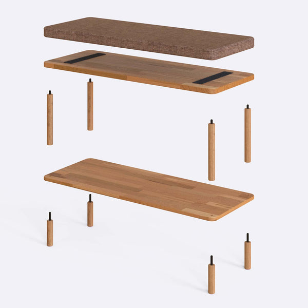 Waljan Bench 100 x 38 parçalarına ayrılmış montaj görünümü, kahve keten oturum ve masif kayın ayaklar ile bağlantı vidaları