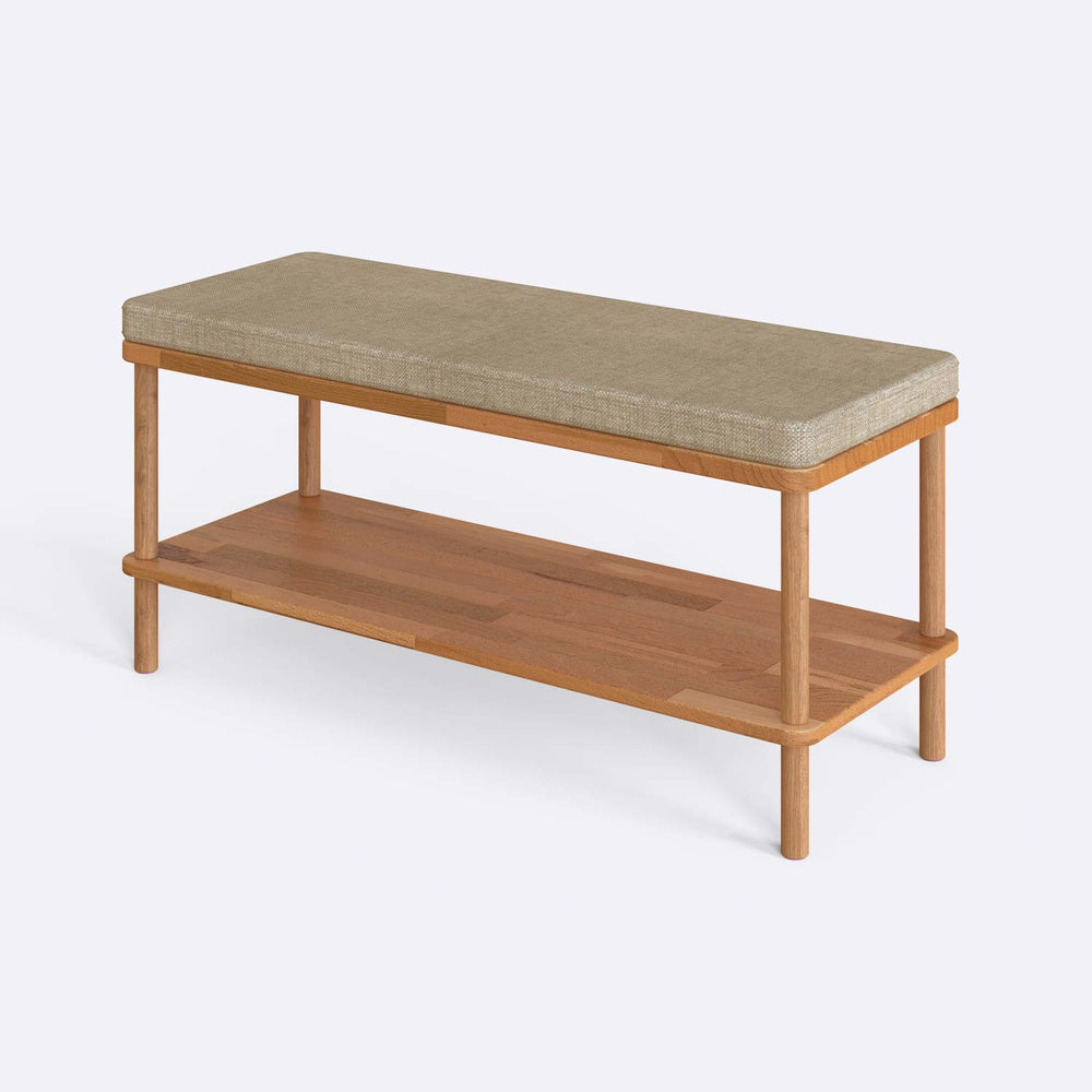 Waljan Bench, masif kayın gövde ve kumaş döşeme, 100 cm genişliğinde, ev ortamında kullanım görünümü