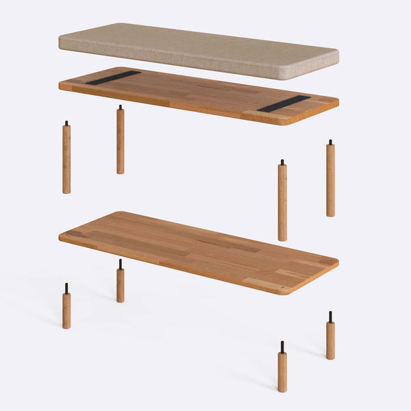 Waljan Bench 100 x 38 parçalarına ayrılmış montaj görünümü, ekru keten oturum ve masif kayın ayaklar ile bağlantı vidaları