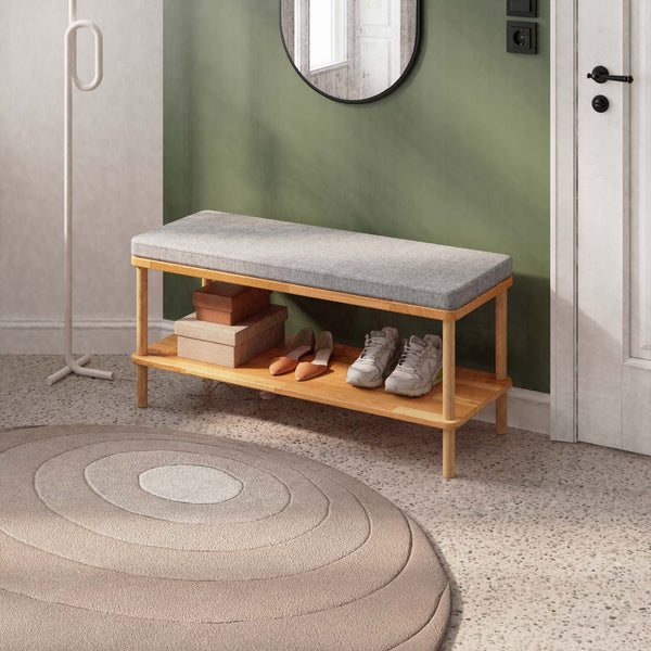 Waljan Bench 100 x 38, gri keten döşeme, masif kayın gövde, döşenmiş oda ortamında kullanım görünümü