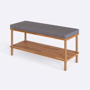Waljan Bench 100 x 38, gri keten döşeme, masif kayın gövde, beyaz zeminde üç çeyrek açıdan stüdyo çekimi