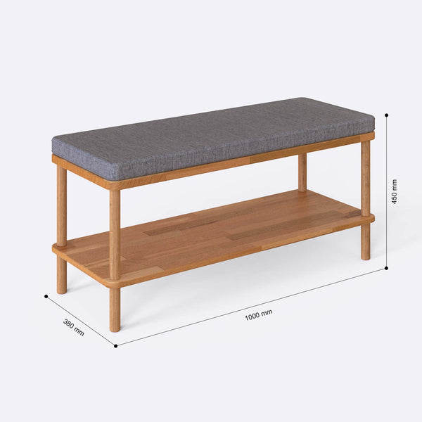 Waljan Bench 100 x 38 ölçülendirilmiş teknik görünümü, gri keten döşeme, milimetre cinsinden genişlik, derinlik ve yükseklik