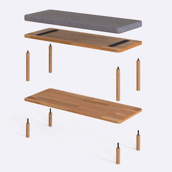 Waljan Bench 100 x 38 parçalarına ayrılmış montaj görünümü, gri keten oturum ve masif kayın ayaklar ile bağlantı vidaları