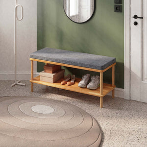 Waljan Bench 100 x 38, kül keten döşeme, masif kayın gövde, döşenmiş oda ortamında kullanım görünümü