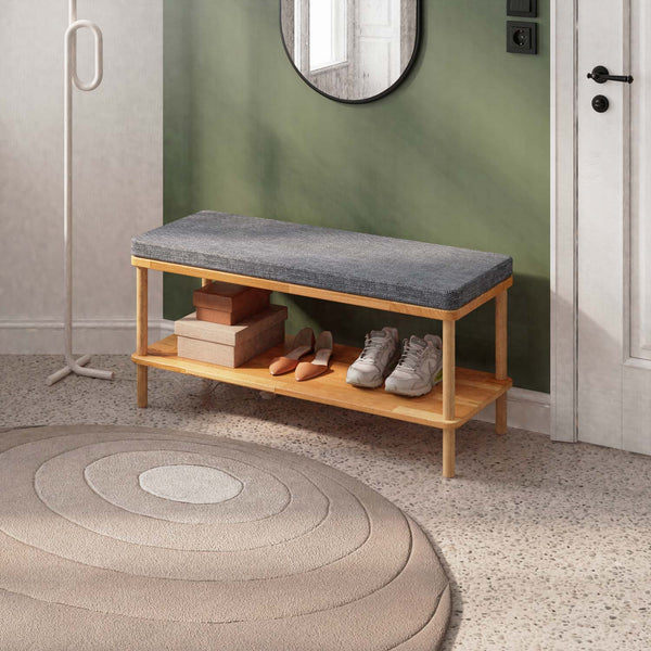 Waljan Bench 100 x 38, kül keten döşeme, masif kayın gövde, döşenmiş oda ortamında kullanım görünümü