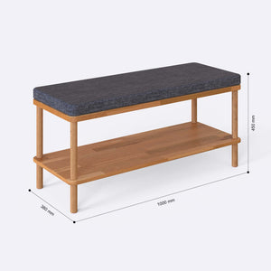 Waljan Bench 100 x 38 ölçülendirilmiş teknik görünümü, kül keten döşeme, milimetre cinsinden genişlik, derinlik ve yükseklik
