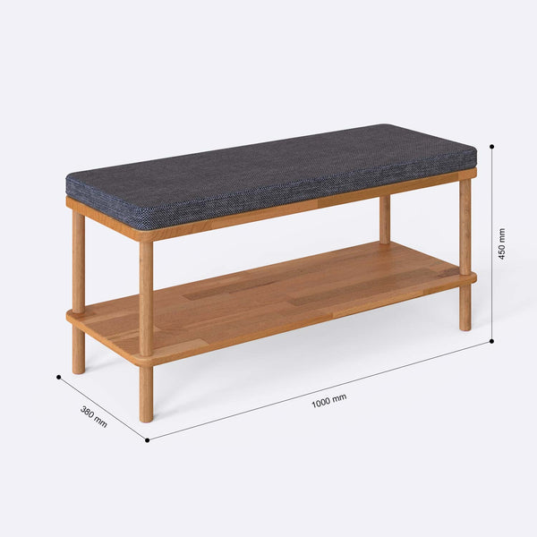 Waljan Bench 100 x 38 ölçülendirilmiş teknik görünümü, kül keten döşeme, milimetre cinsinden genişlik, derinlik ve yükseklik