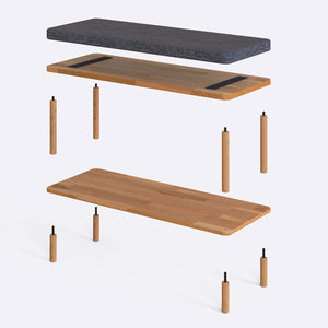 Waljan Bench 100 x 38 parçalarına ayrılmış montaj görünümü, kül keten oturum ve masif kayın ayaklar ile bağlantı vidaları