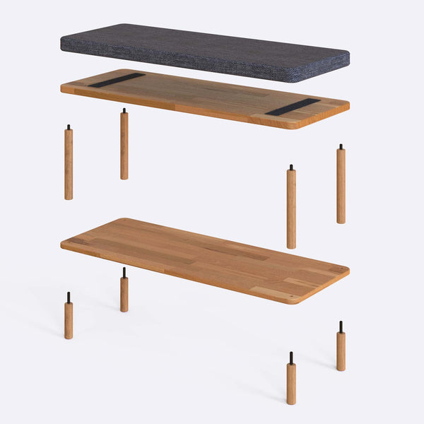 Waljan Bench 100 x 38 parçalarına ayrılmış montaj görünümü, kül keten oturum ve masif kayın ayaklar ile bağlantı vidaları