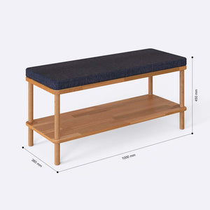 Waljan Bench 100 x 38 ölçülendirilmiş teknik görünümü, lacivert keten döşeme, milimetre cinsinden ölçüler