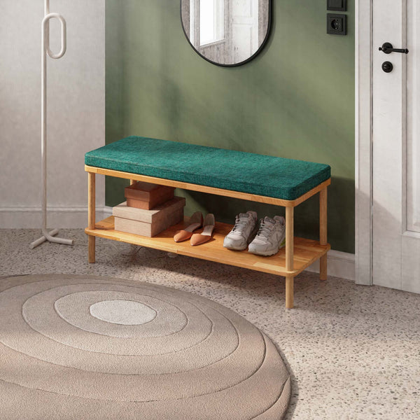 Waljan Bench 100 x 38, petrol keten döşeme, masif kayın gövde, döşenmiş oda ortamında kullanım görünümü
